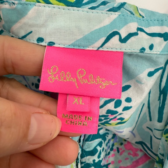 Lily Pulitzer Dress Youth Girl XL Blue Tropical Roll Tab Sleeves V Neck Collared - Picture 6 of 11